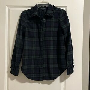 Brooks Brothers Black Watch Plaid Ruffle Collar Cotton Button Down Shirt Navy 8